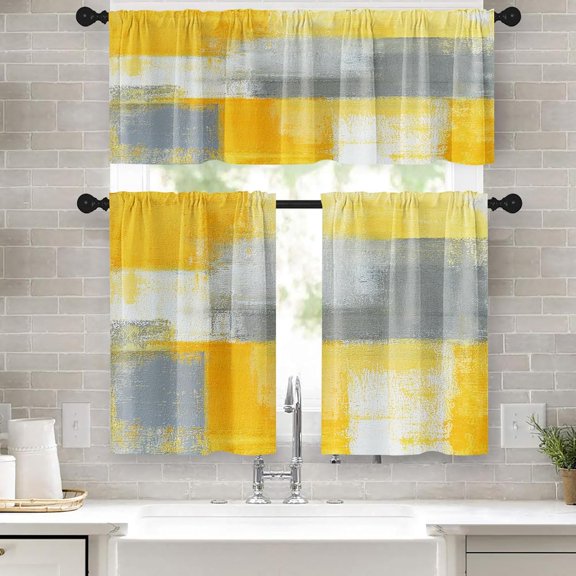 Blue Kitchen Curtains Grey Window Curtains Valance and Tier Set, Modern Rod Pocket Short Tier Curtain, Abstract Art Small Cafe Curtains for Kitchen Decor 54" x 24"