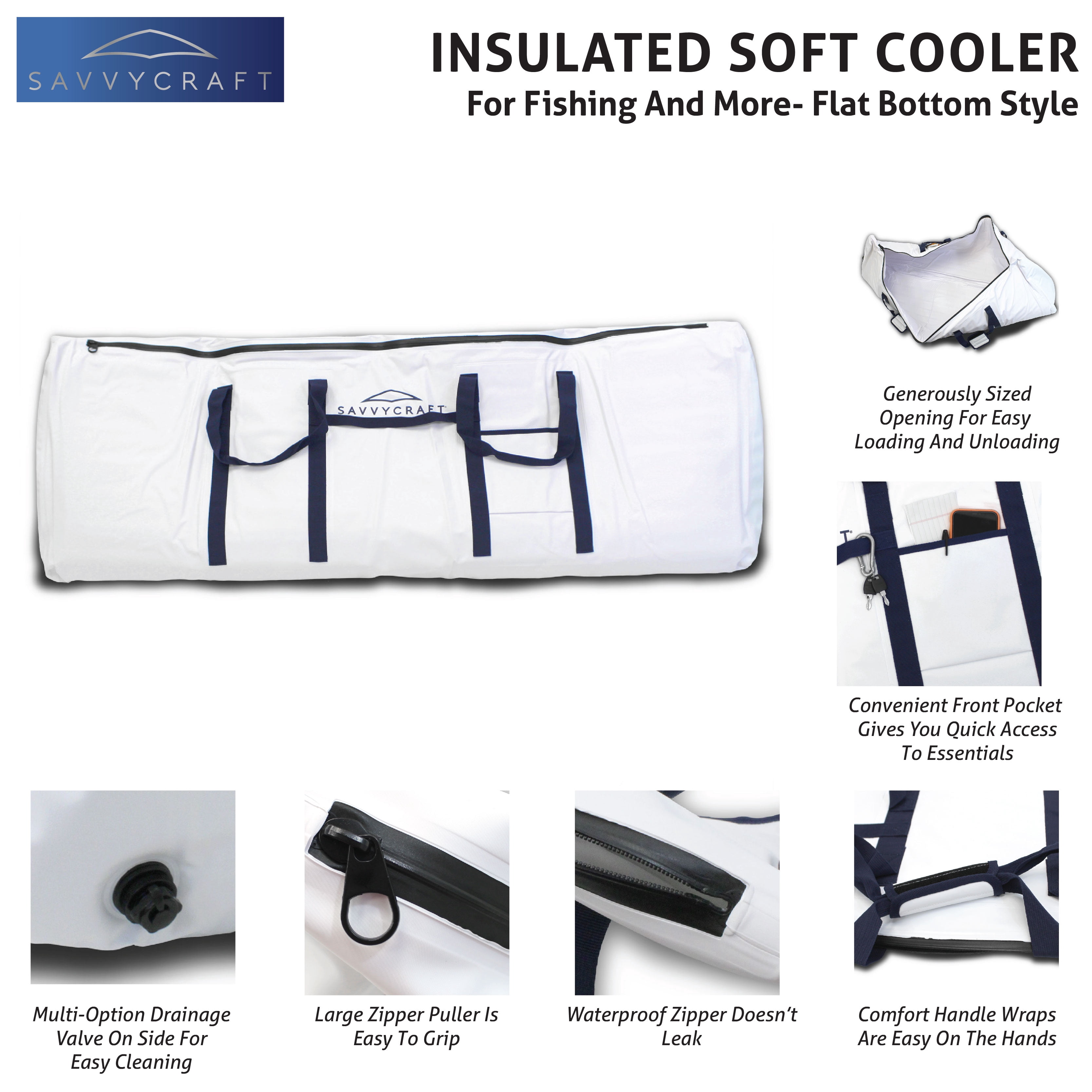 SavvyCraft Insulated Fish Cooler Bag, Waterproof Leakproof Soft Insulated Fish Kill Bag with Easy Grip Handles, Flat Bottom Style White 60"L x 12"W x 22"H