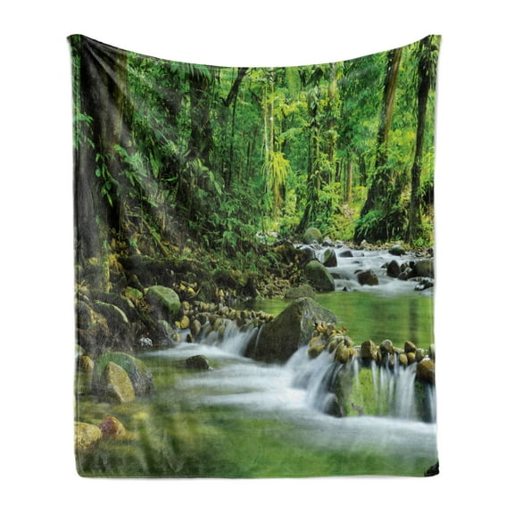 Rainforest Soft Flannel Fleece Blanket, Mountain Stream in a Tropical Rain Forest Foliage Countryside Wilderness Scene, Cozy Plush for Indoor and Outdoor Use, 50" x 70", Green Brown, by Ambesonne