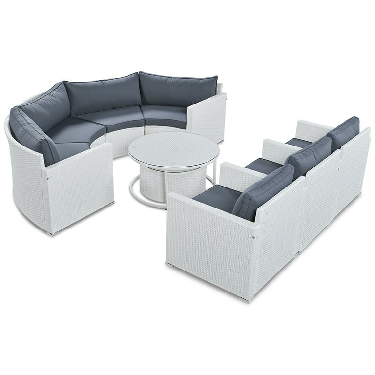 Churanty 9 Pieces Outdoor Sectional Half Moon Rattan Patio Furniture Set All Weather Pe Wicker Round Sofa with Cushion And Glass Table White