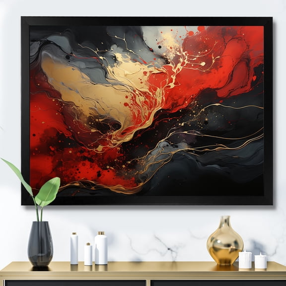 Designart "Marble Volcano Fiery Red and Gold II" Abstract Framed Wall Art Decor - Modern Red Abstract Painting Living Room Framed Canvas Art