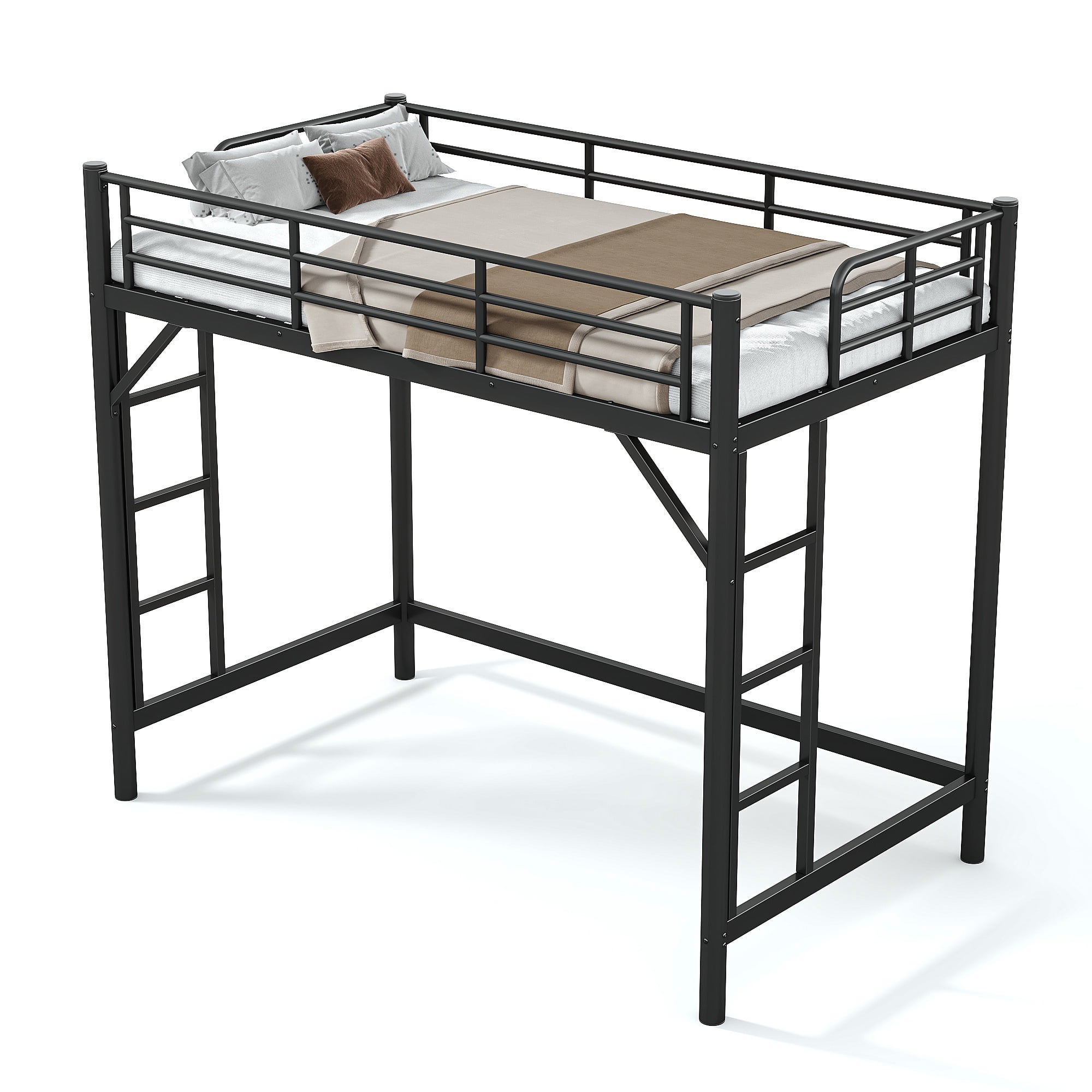 Mintazer Twin XL Metal Loft Bed Frame with Side Ladders & Guardrails for Teens Adults, No Box Spring Needed, Black