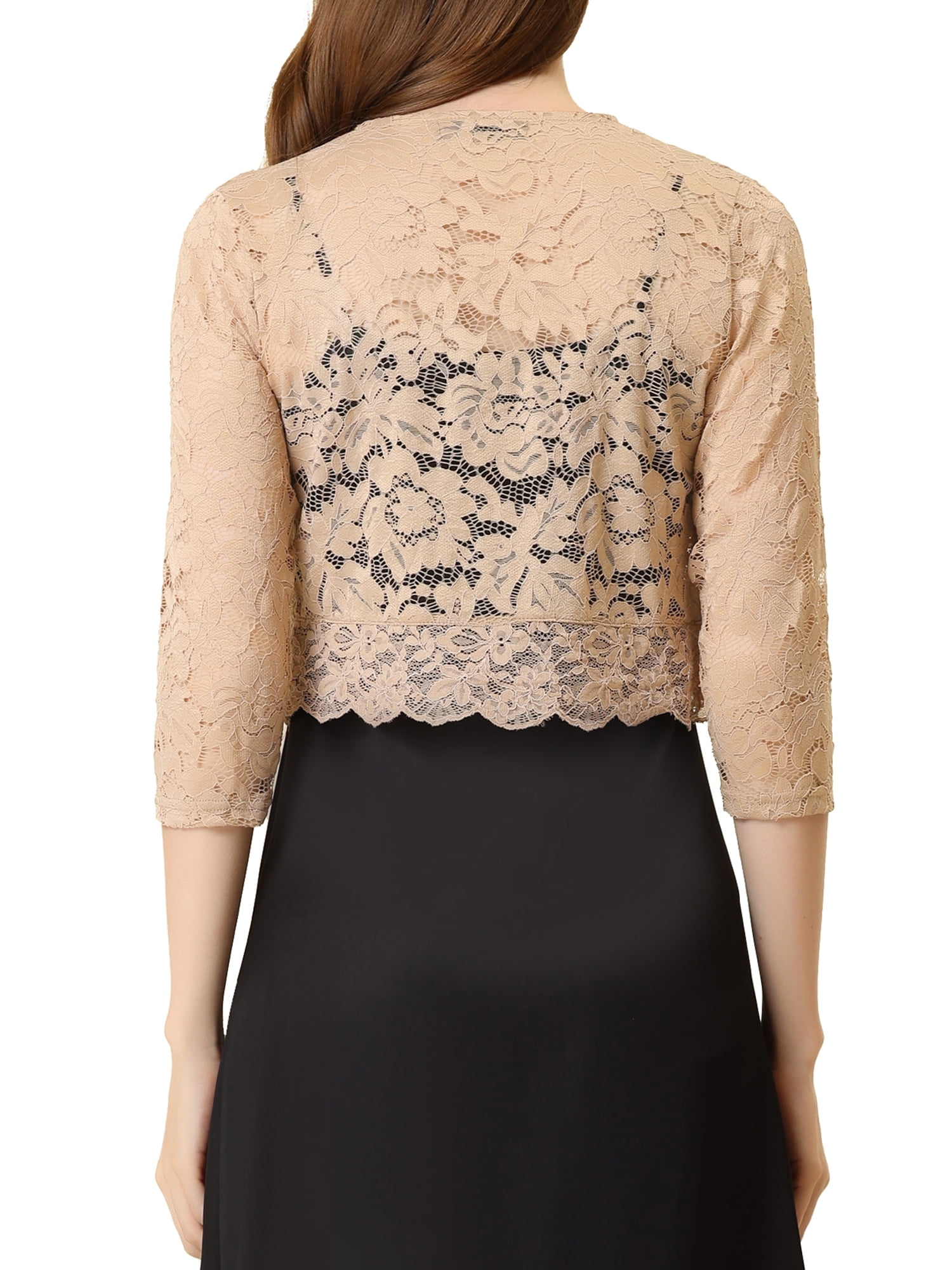DARING DIVA 3/4 Sleeve Sheer Floral Lace Shrug Top L Khaki