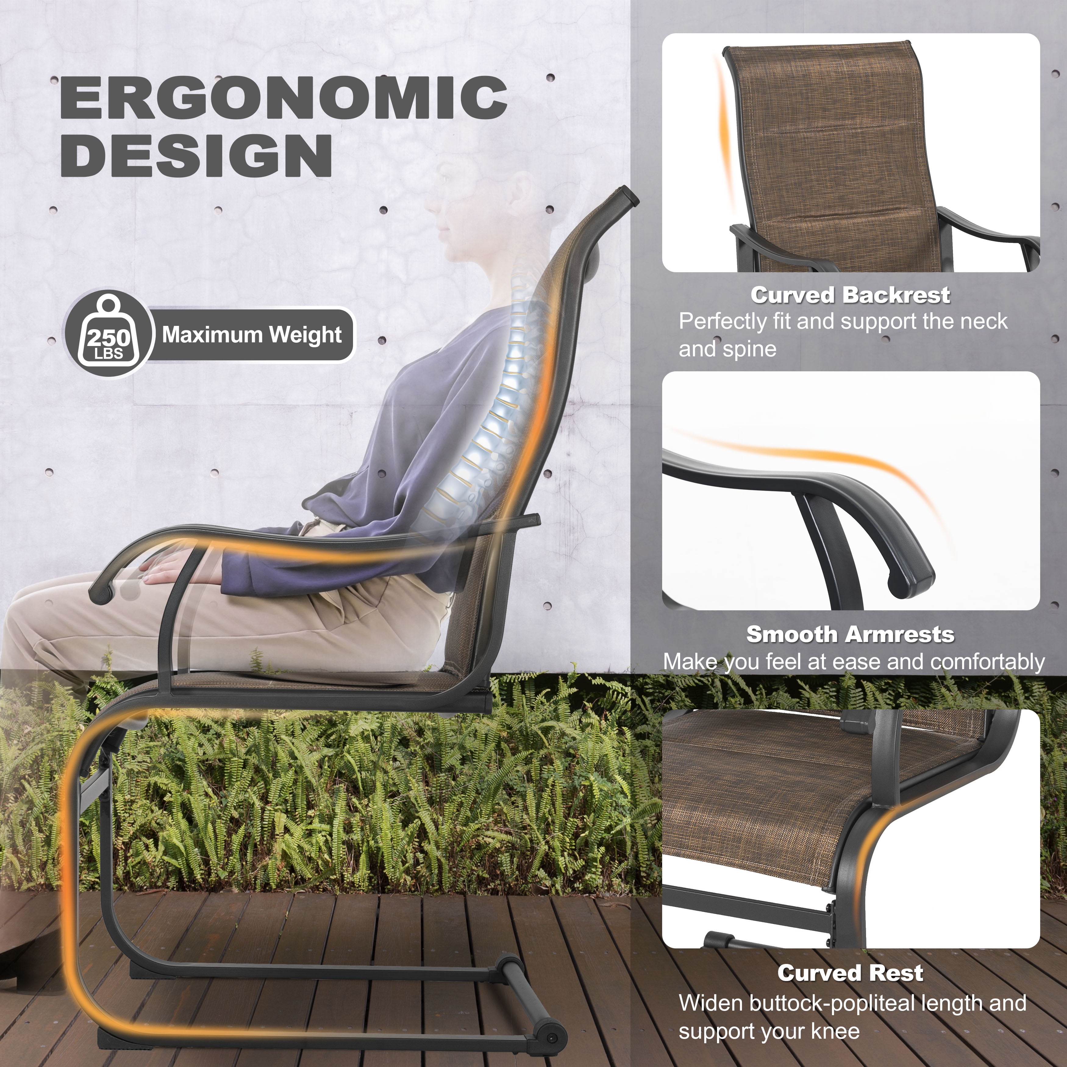 Nuu Garden 5-Piece Outdoor Dining Table Set, 37" Square Metal Table with Umbrella Hole and 4PCS C-Spring Motion Padded Textilene Metal Chairs. All-Weather Patio Outdoor Furniture,  Brown & Black