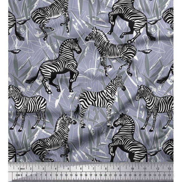 Soimoi Gray Polyester Crepe Fabric Leaves & Wild Animal Decor Fabric Printed BTY 52 Inch Wide