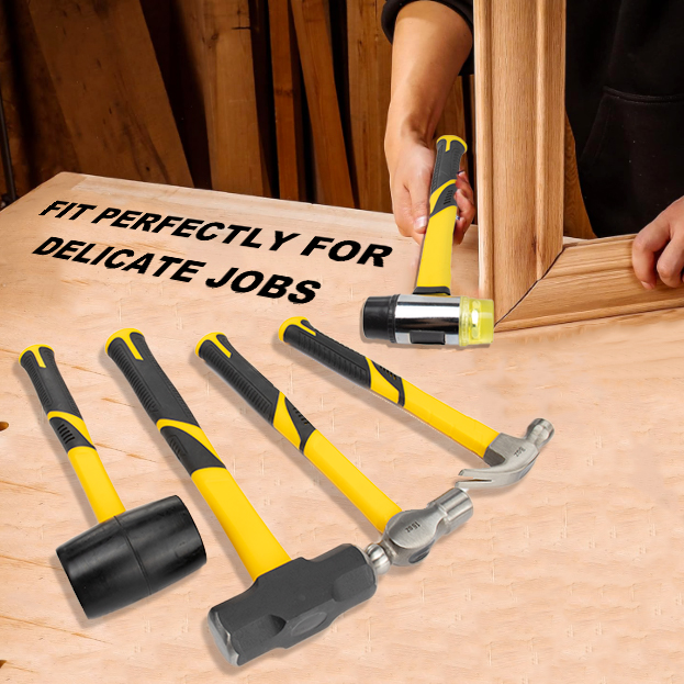 5-Piece forge/Polish Steel Head, Fiberglass Handle Set - 32oz Rubber Mallet | 16oz Claw & Ball-Peen Hammers | 3lb Sledge | 22oz Double-Faced Mallet