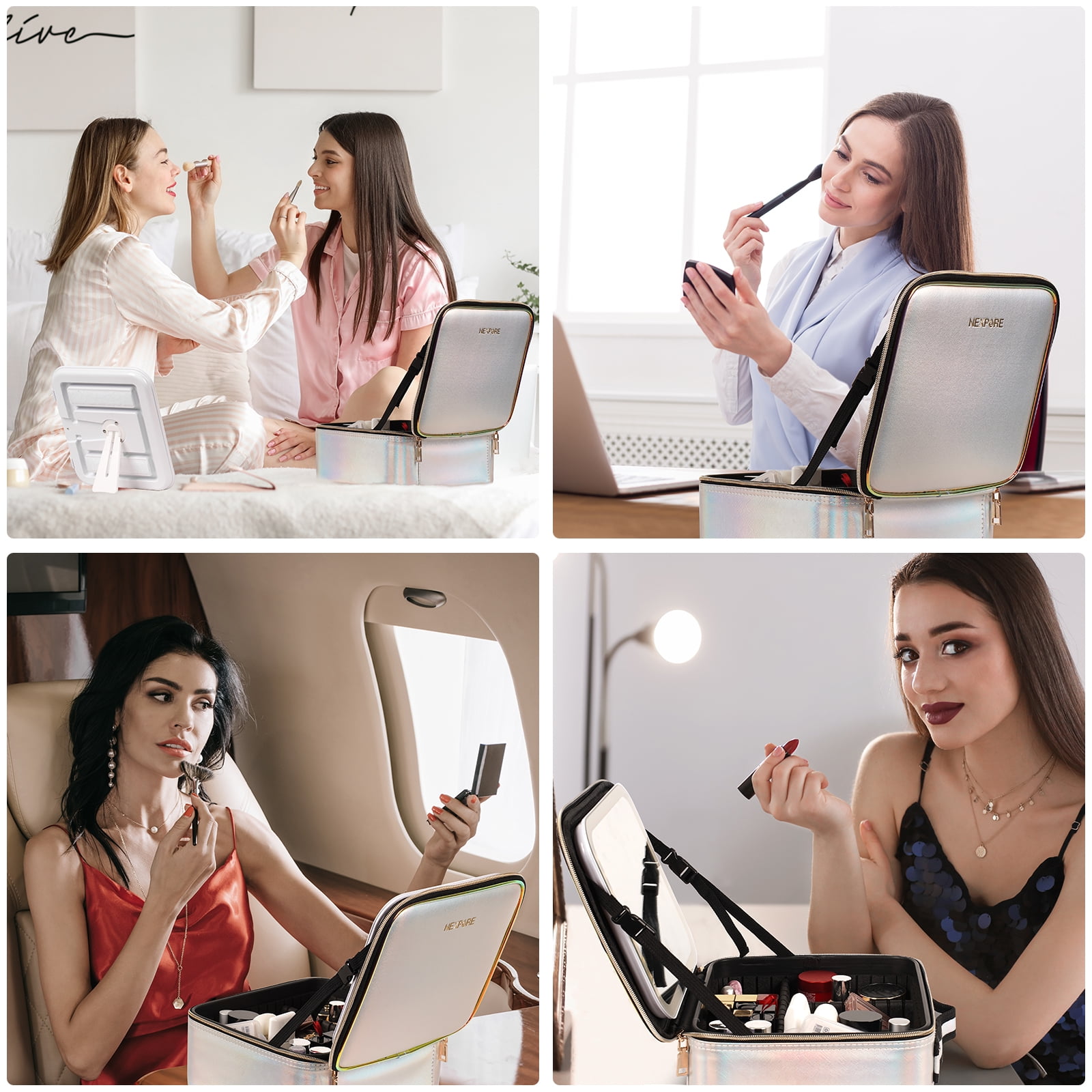 NEXPURE Makeup Bag with LED Mirror ,Large Makeup Organizer Bag with 3 Color Light,Adjustable Brightness and DIY Dividers,Waterproof Makeup Train Case