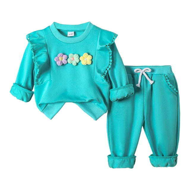 Two Piece Set for Girls, Round Neck Tank Top with 3D Floral Embellishment and Solid Color Drawstring Long Pants, Mint Green, for 3-12 Years