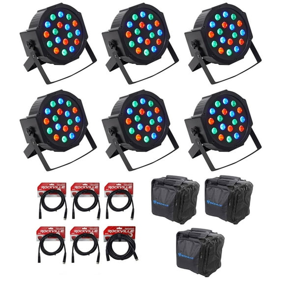6) Rockville RockPAR50 LED RGB DMX PAR Can Wash Lights (6) Cables and Carry Bags