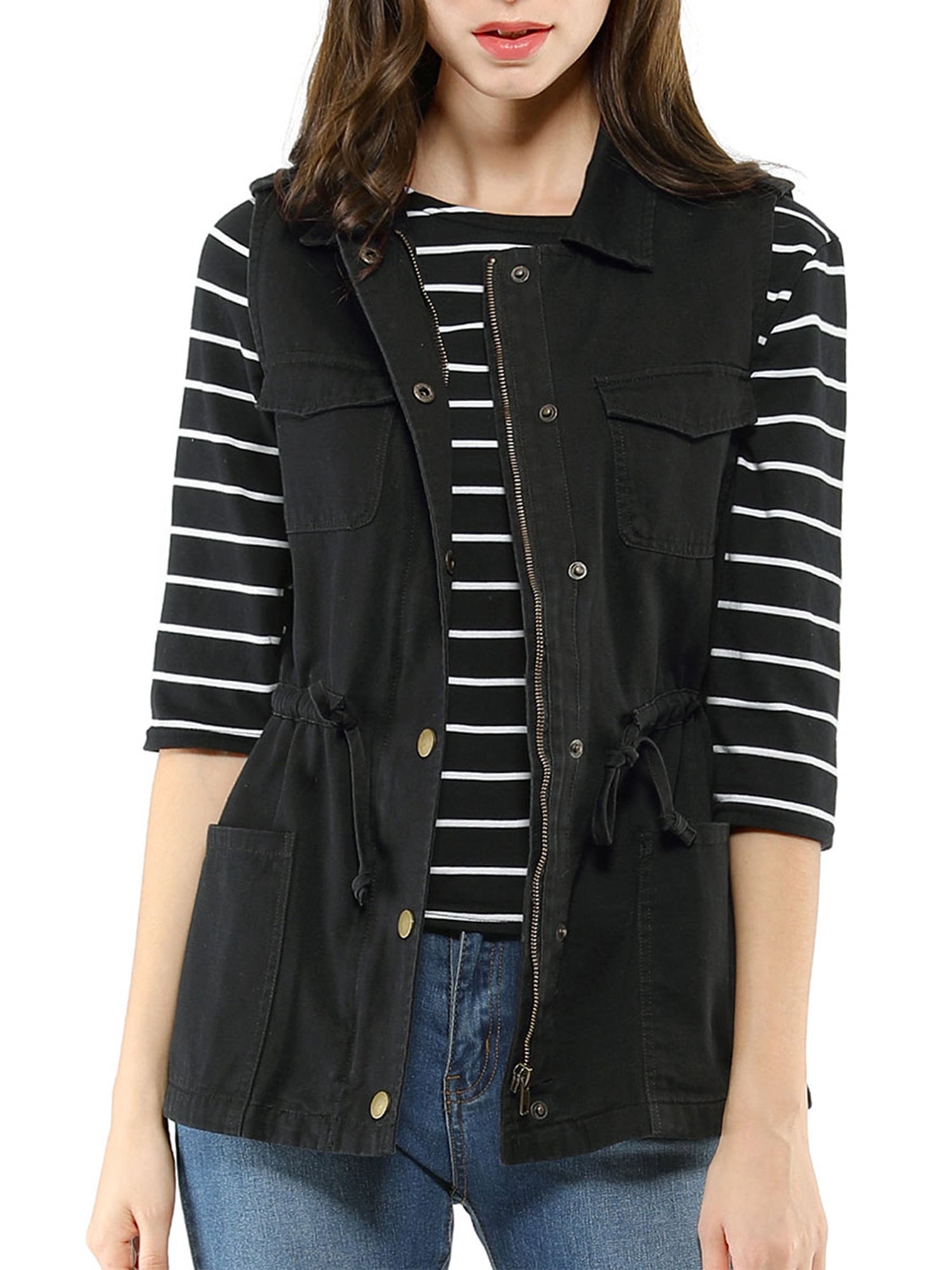 DARING DIVA Women Functional Pockets Drawstring Waist Cargo Vest XL Black