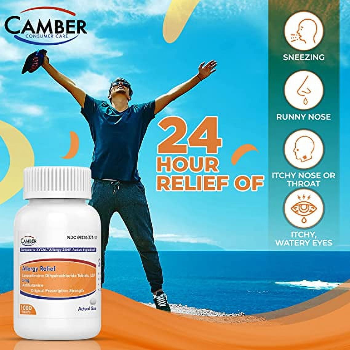 Camber Levocetirizine Dihydrochloride 5mg Antihistamine Tablets, 24 Hour Allergy Relief Medicine (1000 Count) Family Pack