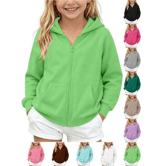 Liuinsasek Girls Hooded Sweatshirt Winter Solid Fleece Zip-Up Sweatshirts with Pockets Casual Sports Kids Fashion Clothes| Size 5-14 Years