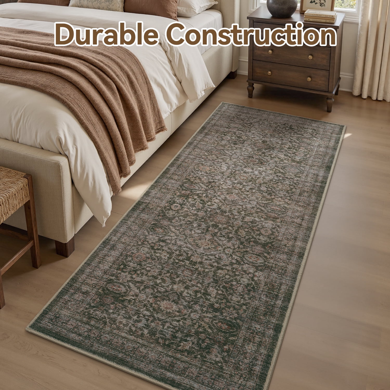 SIXHOME 2'x10' Vintage Distressed Area Rug Soft Washable Non-Slip Carpet American Classic Retro Rug with Geometric Rugs for Living Room Bedroom Neutral Home Decor Green