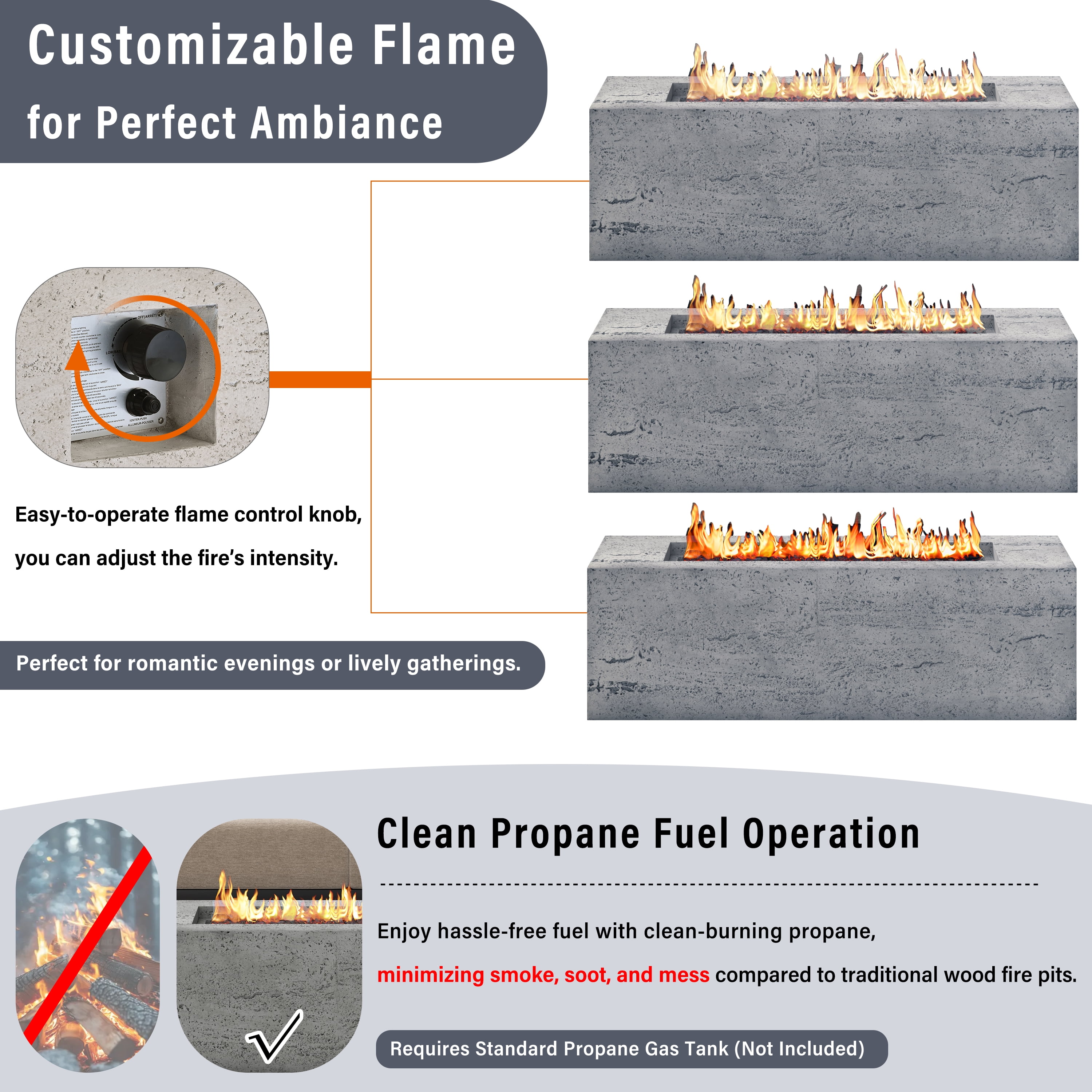 Harper & Bright Designs Outdoor Rectangular Propane Fire Pit 40000 BTU, 41.9''MGO Patio Heater with Stainless Steel Burner and Free Lava Rocks, Waterproof Cover for Courtyard, Gray