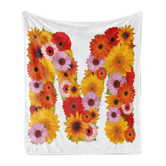 Letter M Soft Flannel Fleece Blanket, Flower Alphabet with Gerbera Daisies Natural World Written Language Summer Foliage, Cozy Plush for Indoor and Outdoor Use, 70" x 90", Multicolor, by Ambesonne