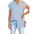thumbnail image 3 of Short Sleeve Women Cap Sleeve Solid V-Neck Button Down Blouse Tops, 3 of 4