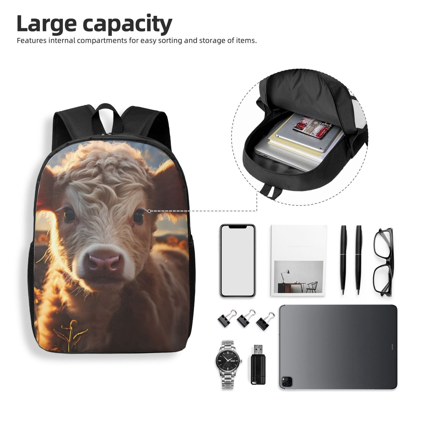 Xecao Sunset Sunflower Small Cow print Travel Backpack, Large Computer Backpack for Men Women, College School Rucksack Book Bag