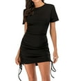 thumbnail image 4 of Bigersell Cocktail Dresses for Women Evening Party Women's Round Neck Short Sleeve Mini Dress Solid Color Drawstring Pleated Dress Prom Dresses for Female Women Skater Dresses, Style 37056, Black M, 4 of 7