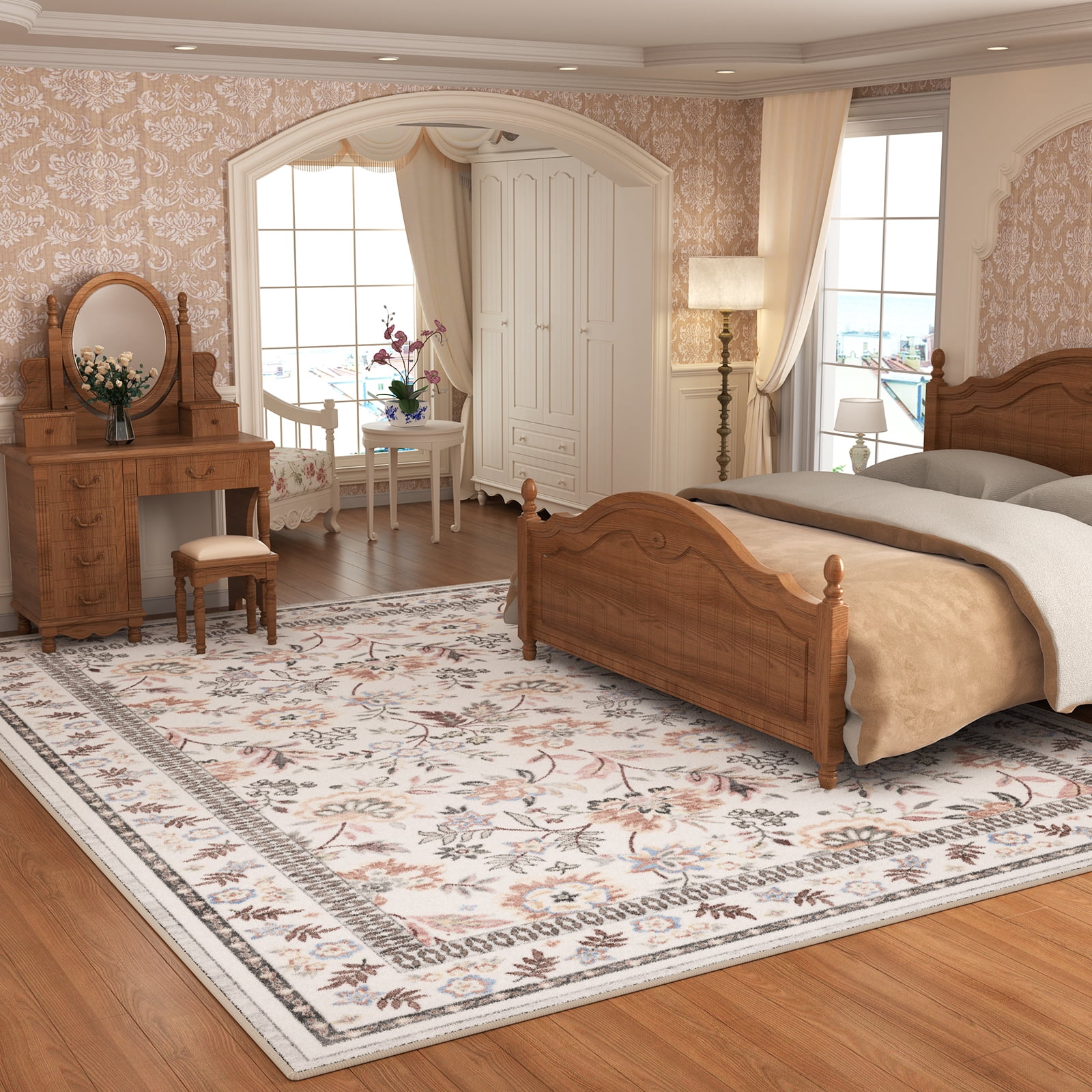 Washable Area Rug for Living Room, NovDeco 8'x10' Boho Khaki Floral Print Indoor Rug, Soft Low Pile & Stain Resistant Carpet for Bedroom Dining Room
