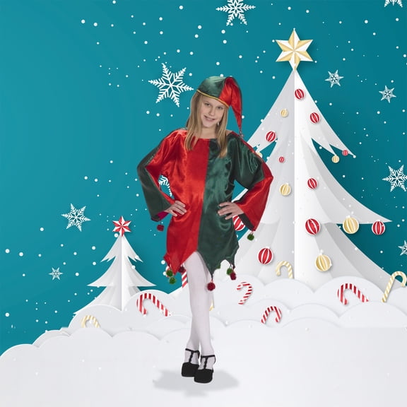 The Costume Center 2 Piece Red and Green Satin Jingle Elf Christmas Dress – Child Size S/M