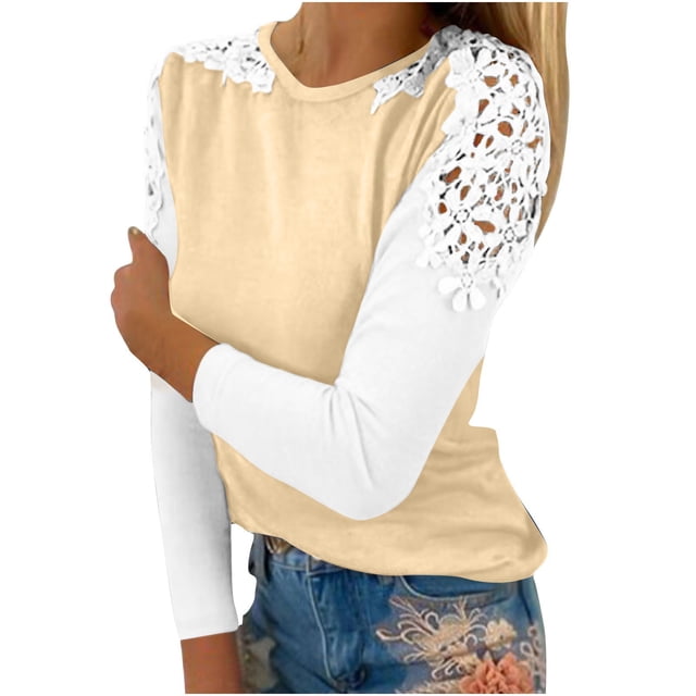 FcBaudy Hauts pour Femmes, Blouses & Chemises à Manches Longues Col Rond, Chemises pour Femmes Décontractées Col Rond Dentelle Ajourée Chandail Blouse T-shirt Hauts Blouse pour Femmes