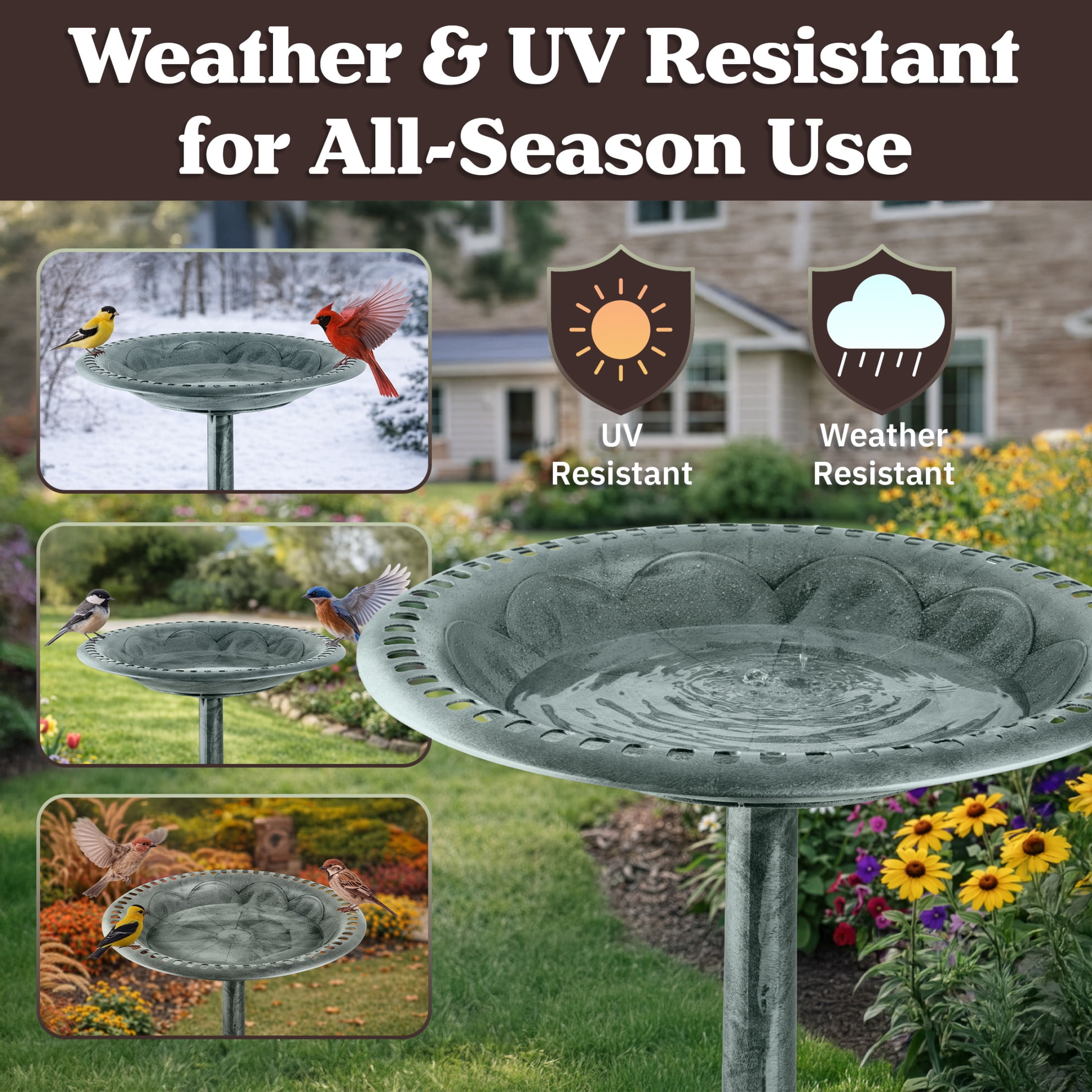 Pure Garden 28” Tall Pedestal Bird Bath for Outside with Flower Planter Base, Green Patina