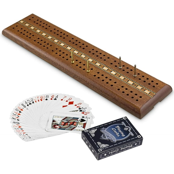 Sterling Games Wooden Cribbage 12 inch Double Track Cribbage Board with Rich Italian Inlaid for 2 Players Playing Cards Included