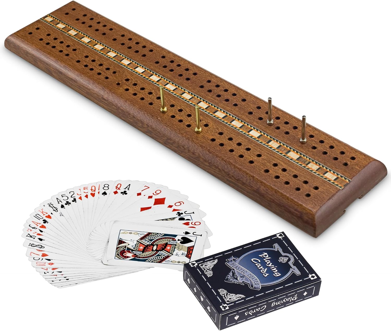 Sterling Games Wooden Cribbage 12 inch Double Track Cribbage Board with Rich Italian Inlaid for 2 Players Playing Cards Included