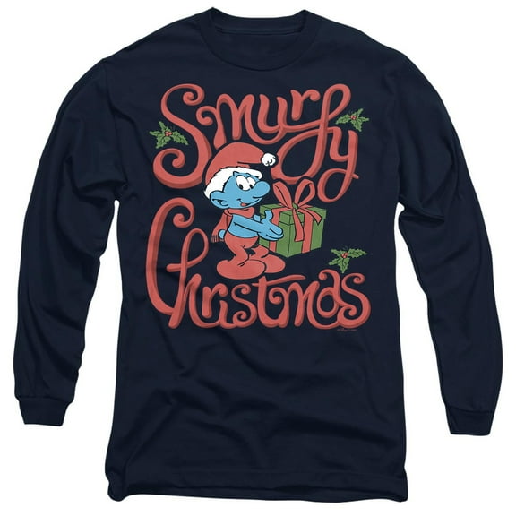 Smurfs Smurfy Christmas Gift Unisex Adult Long-Sleeve T Shirt, Navy, X-Large