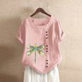 thumbnail image 2 of Hauts d'Été pour Femmes 2023 Grande Taille Col Rond Manches Courtes Imprimé Boutons Coton Lin Vintage, 2 of 4