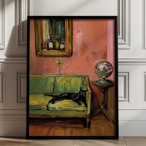 Retro Black Cat Art Print - Mid-Century Modern Disco Cat UNFRAMED PAPER POSTER, Home Decor, Vintage Gift, Living Room Dercor