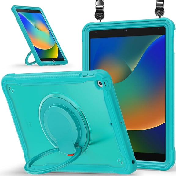 REQO Case for IPad 9th/8th/7th Generation 10.2 Inch(2021/2020/2019),2-Layer Structure Portable Hybrid Shock-Proof Cover Rotatable Hook&Loop Kickstand,Shoulder Strap