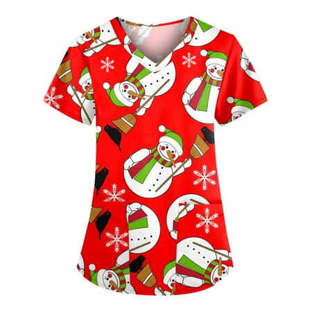 

purcolt Christmas Scrubs for Women Womens Xmas Print Professional Scrubs Tops Short Sleeve V Neck Nursing Workwear Tunic Working Uniform Medical Blouse with Pockets