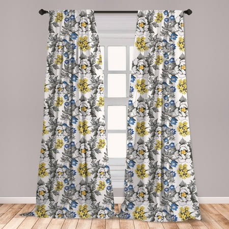 Garden Curtains 2 Panels Set, Romantic Peony Hydrangea and Blue Violet Blossoms in Sketch Art Style, Window Drapes for Living Room Bedroom, Dark Grey Yellow, by