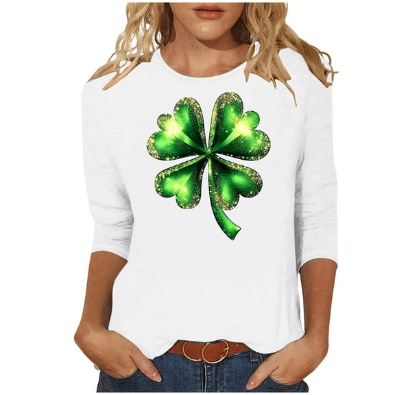 Womens Funny St Patricks Day Shirts 3/4 Sleeve Crewneck Green Graphic Comfy Casual Loose Fit Tee Shirts Pullover Tops (L, White)