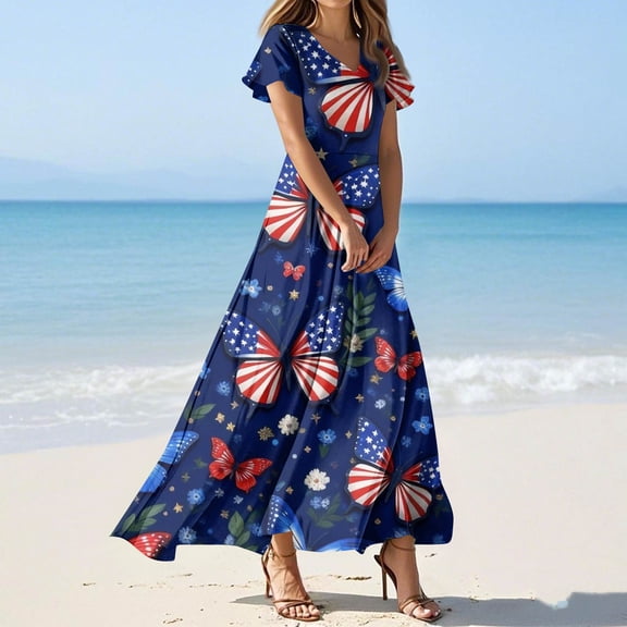 Maxi Dresses for Women 2026 Summer American Flag Print 4Th of July Dress,Elegant Short Sleeve Flowy Beach Boho Dress