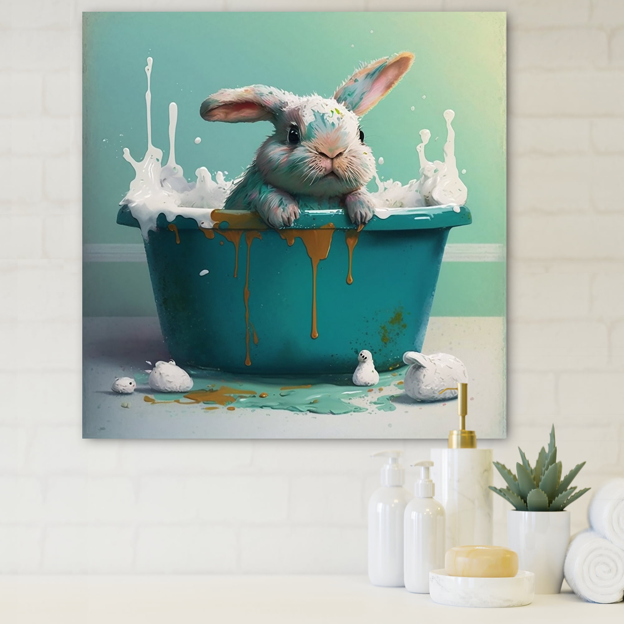 Designart Funny Rainbow Bunny Taking A Bath Canvas Wall Art