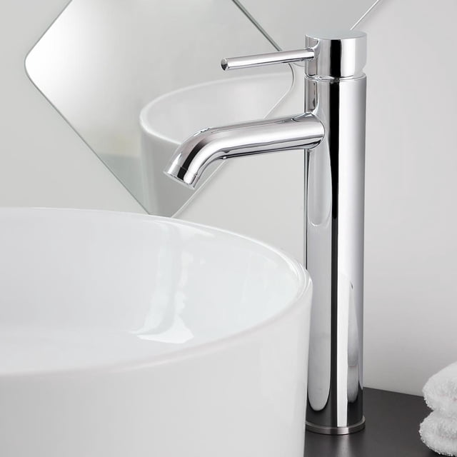 Aquaterior Single Handle Vessel Sink 14 inch Tall Bathroom Sink Faucet Hot and Cold Water Mixer Brass Body Single Hole Faucet Chrome (CUPC NSF CEC) Aquaterior Modern