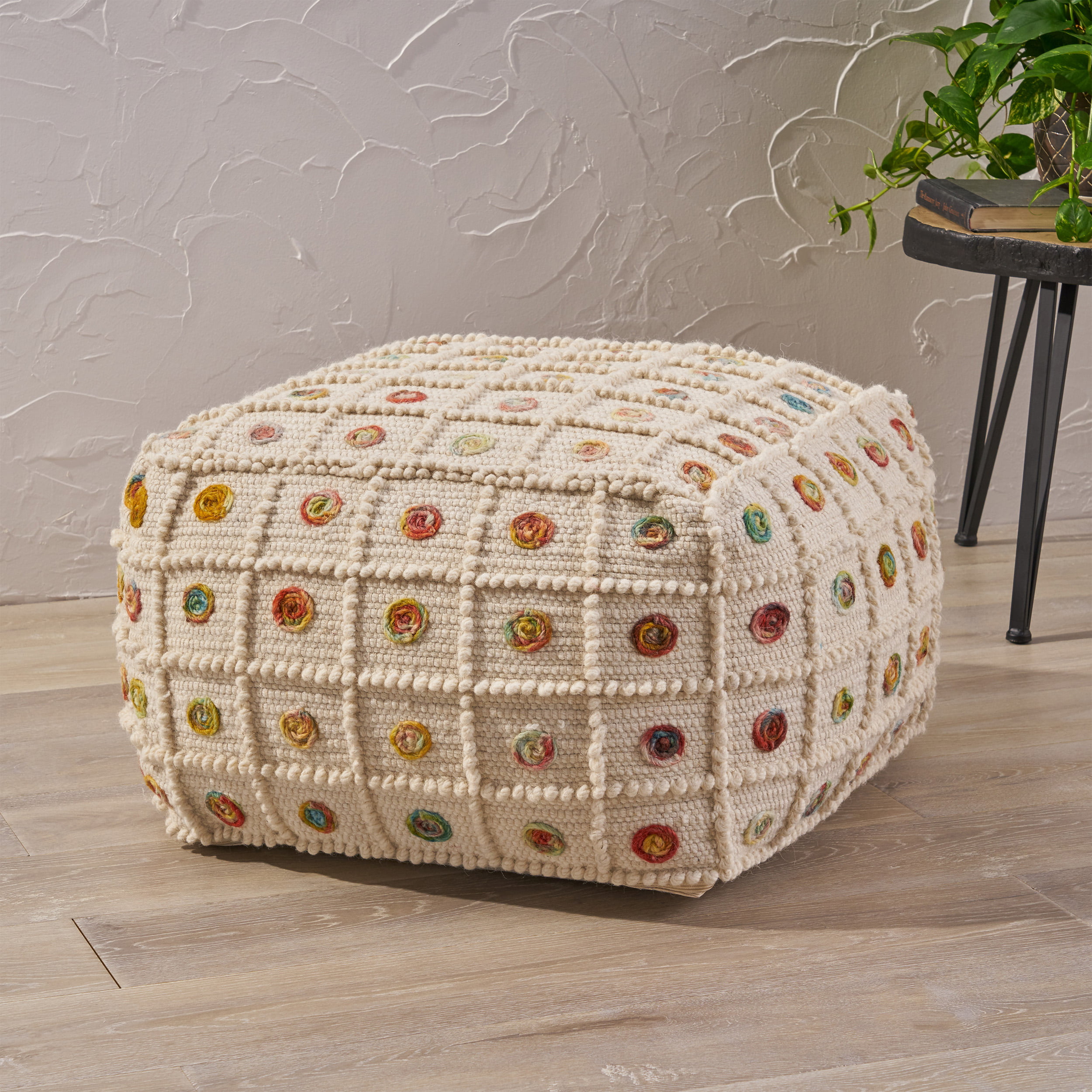 Natural and Ivory Great Deal Furniture Honey Boho Wool and Cotton Ottoman Pouf