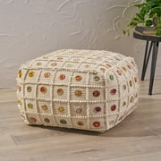 Jocelyn Boho Wool and Cotton Large Ottoman Pouf, White and Multicolored
