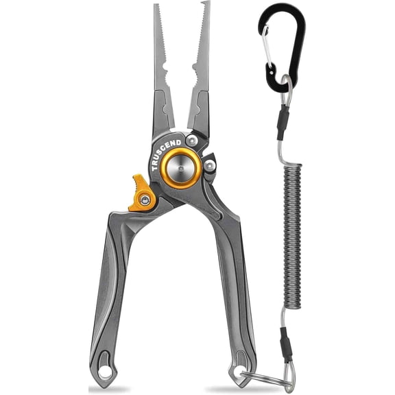 TRUSCEND Fishing Pliers, Lockable Handy Fishing Gear with Innovative Ergonomical Handle, Corrosion Saltwater Resistant Teflon Coated Fishing Tool, Multi-Function Fishing Plier with Mo-V Cutter
