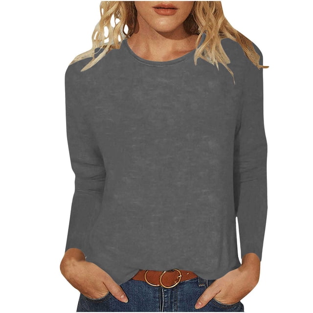 Blusa De Manga Larga De Color Liso Y Cuello Redondo Para Mujer, 100 Algodn, Talla Petite, Largo De Manga 68, 5 Cm (27 Pulgadas), Ideal Para Uso Diario Informal O Para La Oficina, Paquete, Ukhbmc