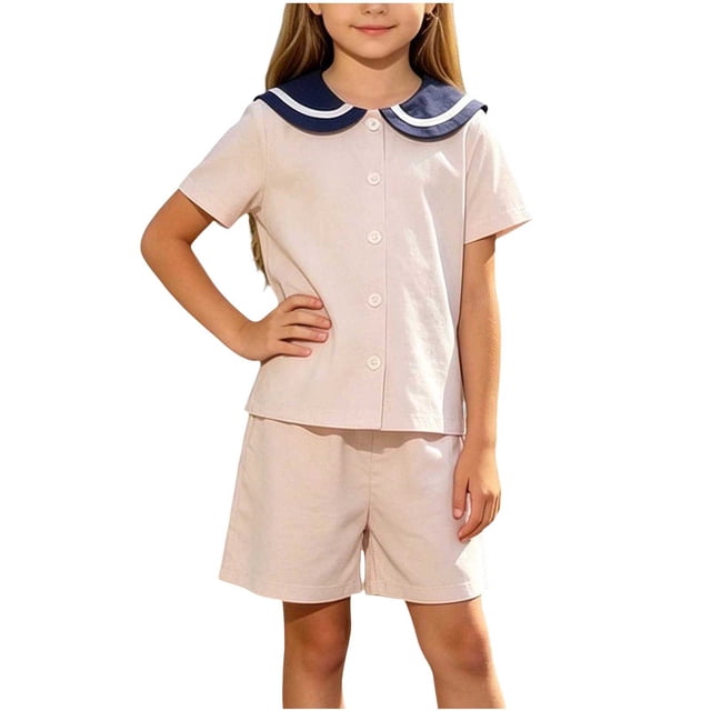 Odeerbi Chicos Niñas 2 Piezas Preppy Traje Color Bloque Marinero Cuello Camisa y Pantalones Cortos Uniforme Escolar Conjunto