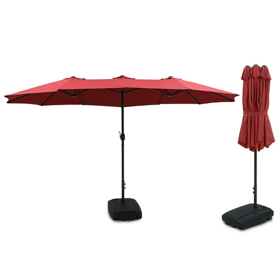 REKHH  15FT Double-Sided Patio Umbrella with Base, Extra-Large Market Umbrella W/Crank System, Outdoor Twin Umbrella With 12-Rib Metal Structure & Air Vents for Garden, Backyard, (Maroon Red)