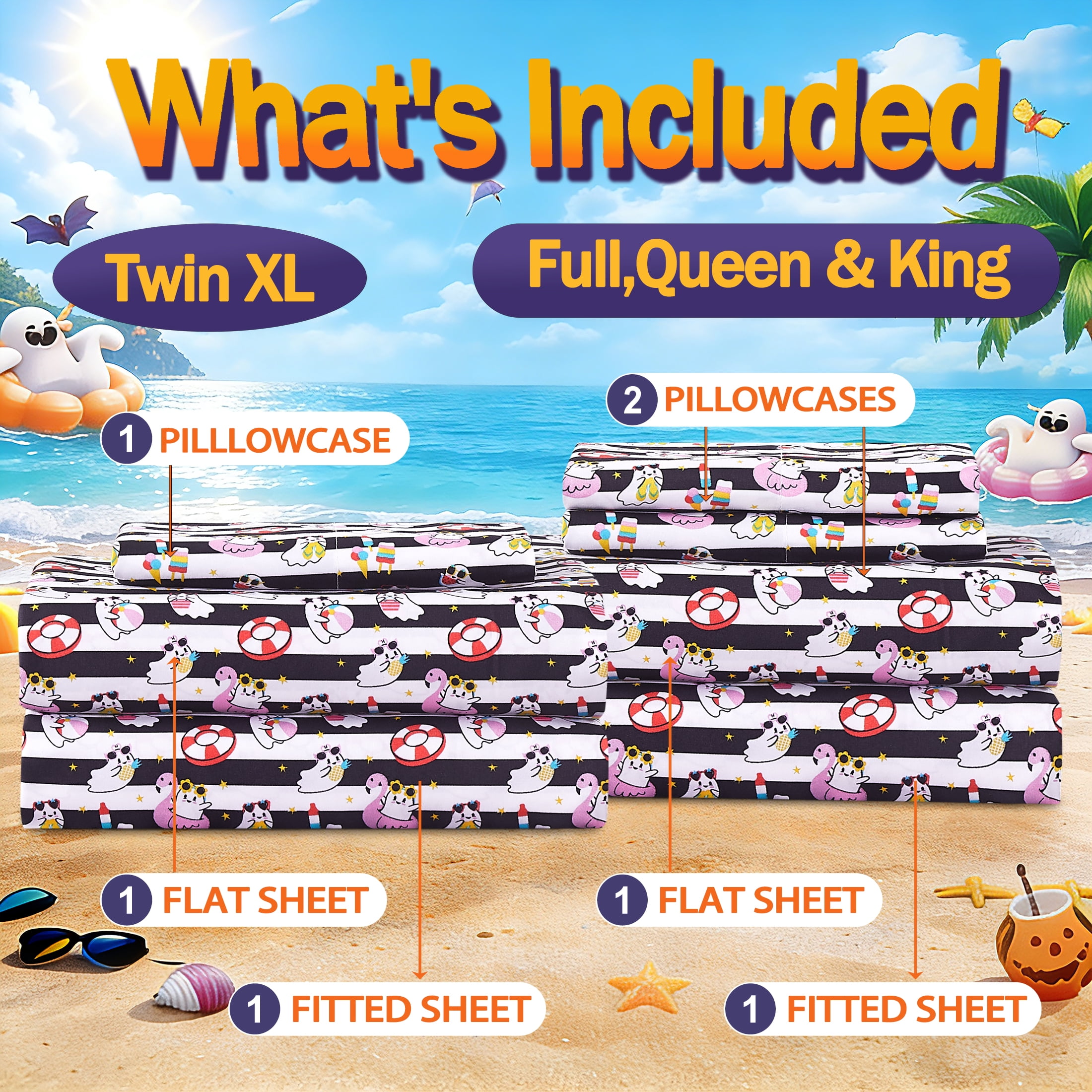 Summerween Soft Microfiber Sheet Set, Black & White Nautical Ghosts, Queen