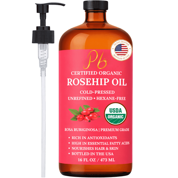 Rosehip Oil – USDA Organic 100% Pure, Cold-Pressed & Unrefined, Rosehip Oil for Face, Skin & Hair– Helps Reduce the Appearance of Fine Lines & Wrinkles – Rose Hip Seed Oil16 fl oz Glass Bottle