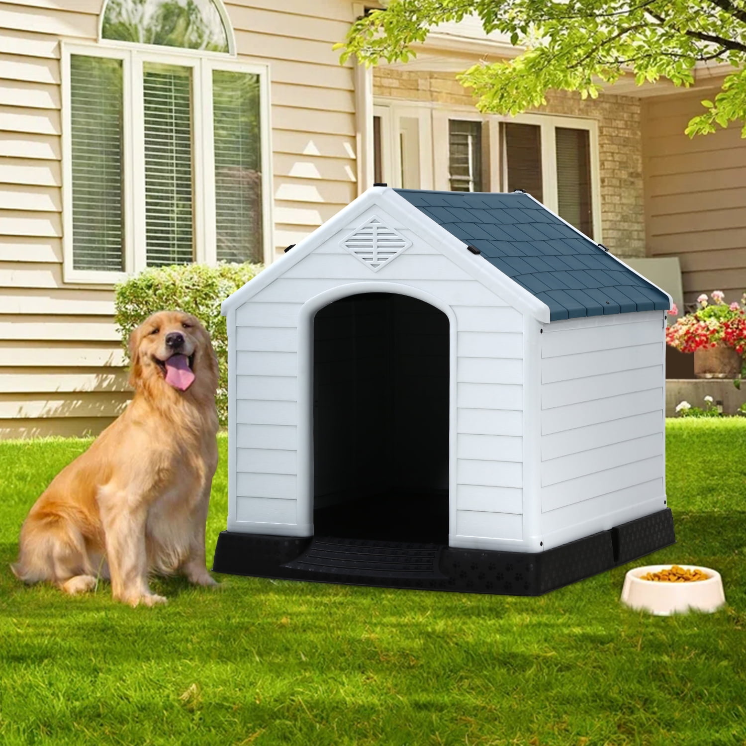 Large Dog House Plastic Dog Kennel Indoor Outdoor for Large Dogs, 39 inch All Weather Doghouse Puppy Shelter with Air Vents and Elevated Floor Ventilate,Blue