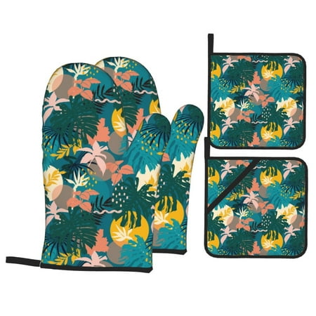 

Oven Mitts and Pot Holders 4 Piece Hawaiian Style Blue Yellow High Heat Slip Resistant Oven Mitt and Trivets Set Kitchen Oven Glove Pot Holders for Cooking Baking Grilling