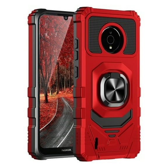 TJS for Nokia C200 (N151DL) Phone Case, [Military Grade] Robotic Magnetic Support Car Mount Metal Ring Holder Kickstand Cover (Red)