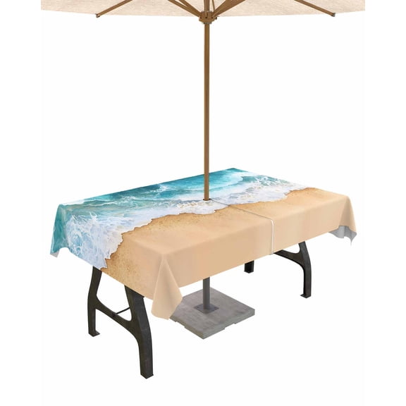 Outdoor Tablecloth with Umbrella Hole for Patio/Picnic/Party/Camping, Teal Ocean Waves Waterproof Table Cloth Rectangle Table Cover Washable, Summer Beach Coastal Nautical 60"x 84"